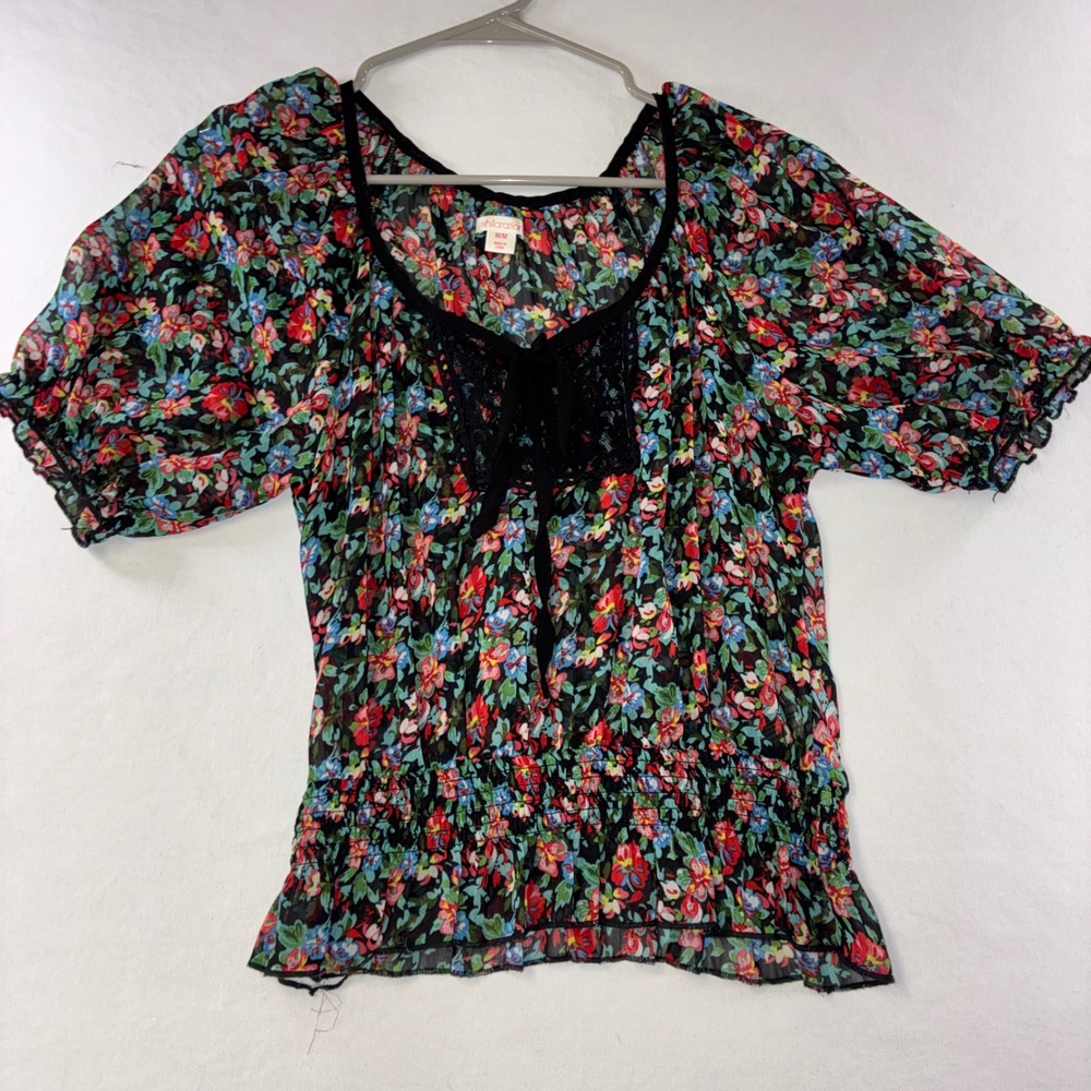 404 Xhilaration Floral Peasant Top M Black Smocked Lace Up Ruffle Blouse Y2K